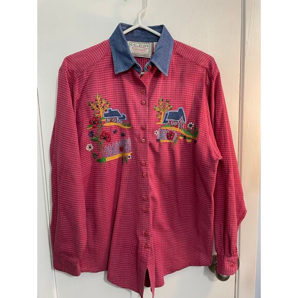 VTG Citi-Craze Shirt Medium Red Plaid Embroidered House Grandma Core Read - Picture 1 of 8